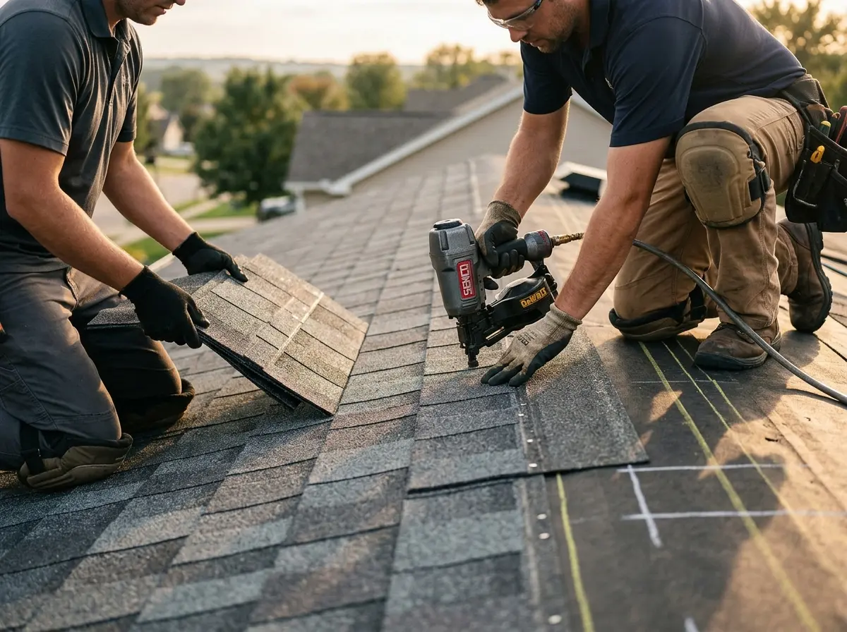 Professional roofer working on a residential roof in Esopus